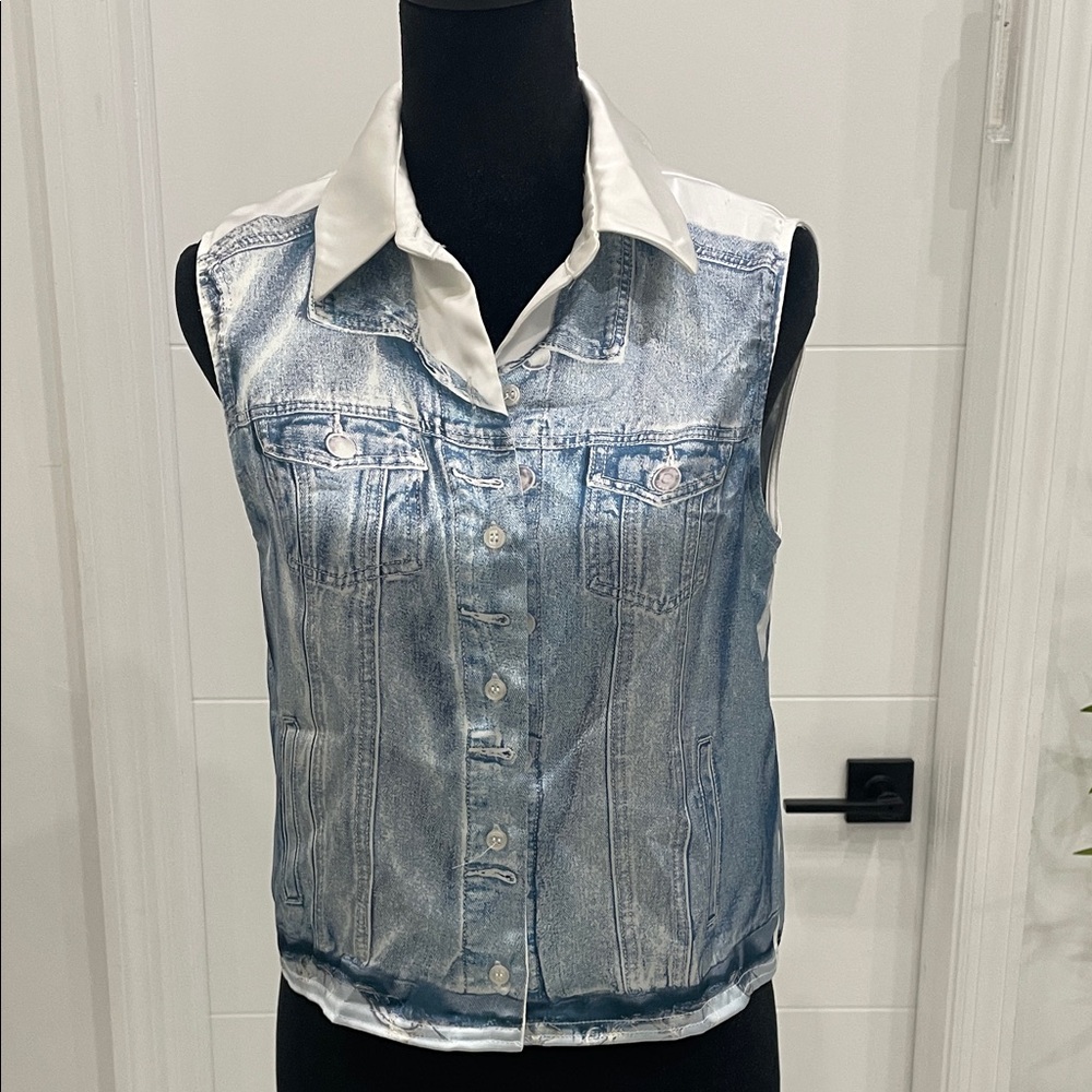 Zara Blue and White Sleeveless Denim Blouse